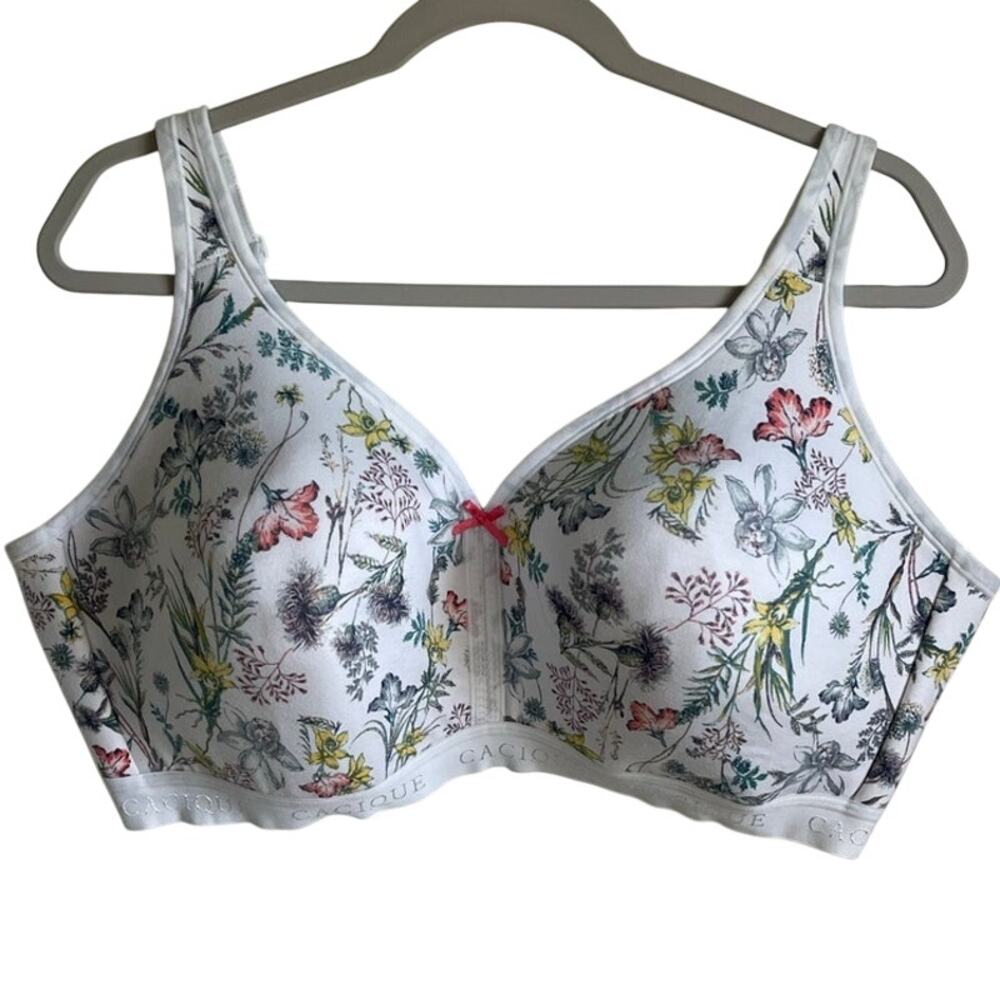 Cacique White Floral No-Wire Lightly Lined Bra Sz 46DDD Multi Logo Band